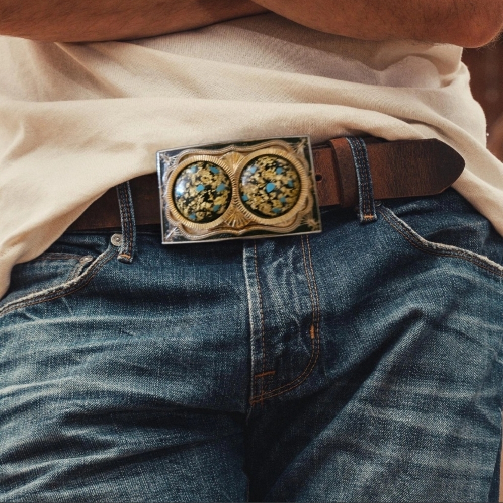 Vintage Western Cowboy Gold tone Belt Buckle. Two Turquoise / Gold Flake Domes.